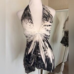 Y2K fairy hem floral Halter Top with tie at the neck and deep V detailing